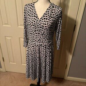Roz & Ali Faux Wrap Front & Back Dress, Long Sleeves, Size 12, Black and White